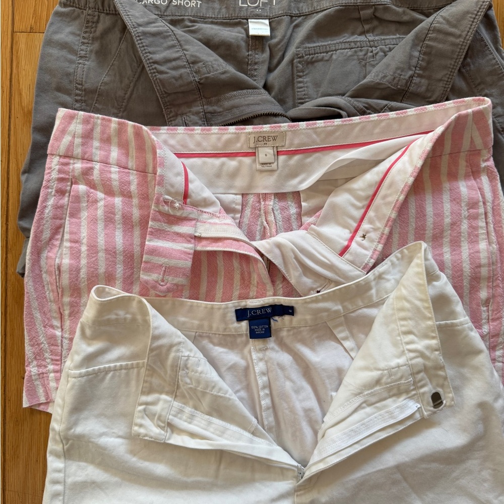 J. Crew Pink Striped, White  + Loft Sage Short Trio